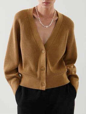 COS Ribbed Cotton Three Button Oversized Chunky Cardigan Camel size small